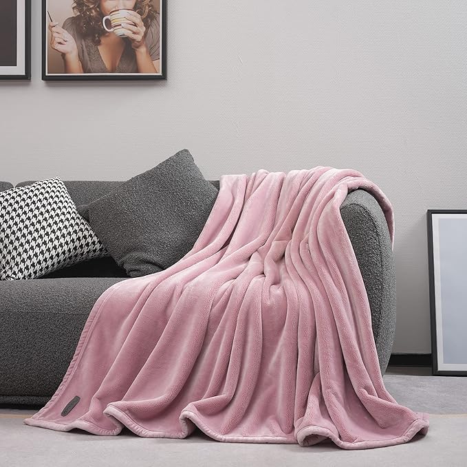 Mellowdy Extra Thick Hearty Plush Flannel Blanket (Brushed Pink, 60x80) - 500GSM Twin Size Warm Blanket for Winter, Fall | Soft, Fluffy, Cuddly, Perfect for Bed, Oversized Throw for Couch, Sofa