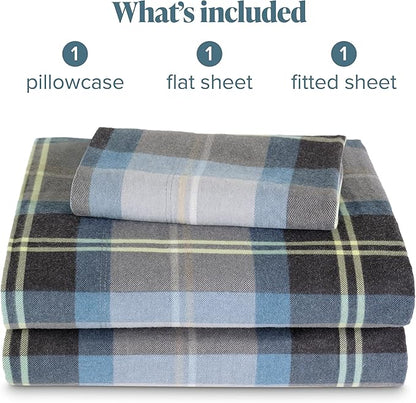 Bare Home Cotton Flannel Sheet Set Prints, 100% Cotton, Velvety Soft Heavyweight - Double Brushed for Softness & Comfort - Deep Pocket - Bed Sheets (Twin, Symphony Plaid - Blue)