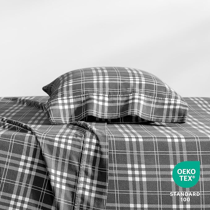 Bare Home Flannel Sheet Set Prints, 100% Cotton, Velvety Soft Heavyweight - Double Brushed Flannel for Extra Softness & Comfort - Deep Pocket - Bed Sheets (Twin, Stirling Plaid - Grey/White)