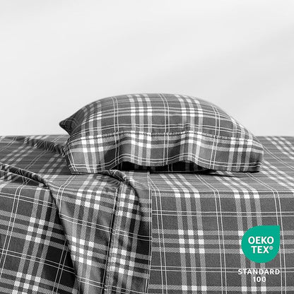 Bare Home Flannel Sheet Set Prints, 100% Cotton, Velvety Soft Heavyweight - Double Brushed Flannel for Extra Softness & Comfort - Deep Pocket - Bed Sheets (Twin, Stirling Plaid - Grey/White)