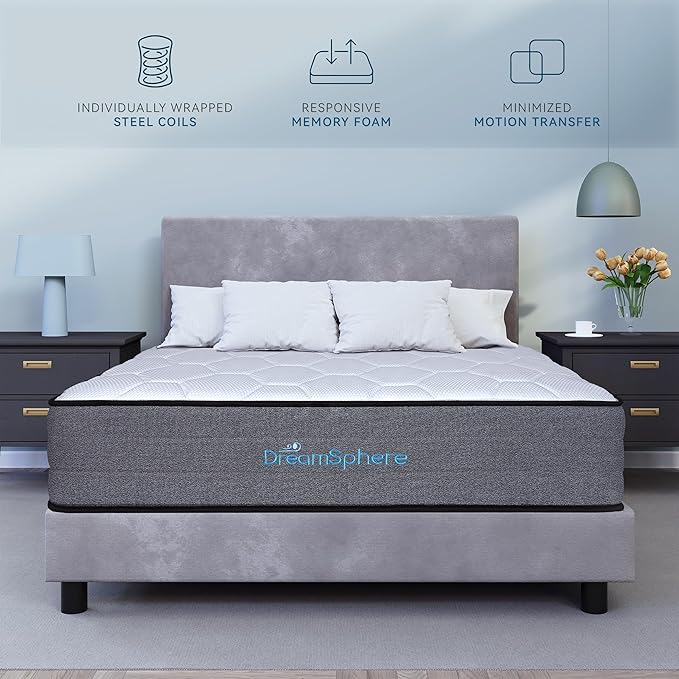 DreamSphere 14-inch Queen Hybrid Mattress, Medium Firm Gel Memory Foam Mattress, CertiPUR-US Certified, Mattress in a Box, Queen Mattress