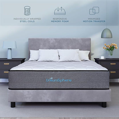 DreamSphere 14-inch Twin XL Hybrid Mattress, Medium Firm Gel Memory Foam Mattress, CertiPUR-US Certified, Mattress in a Box, Twin XL Mattress