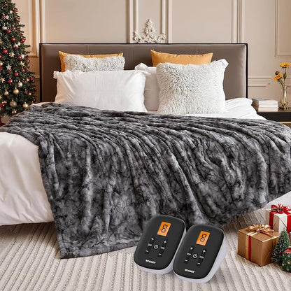 WOOMER Heated Blanket Queen Size 84" x 90", Electric Blanket with 0.5-12 Hours Timer & 10 Heating Levels, ETL Certified, Marble Gray Double-Sided Faux Fur, Machine Washable