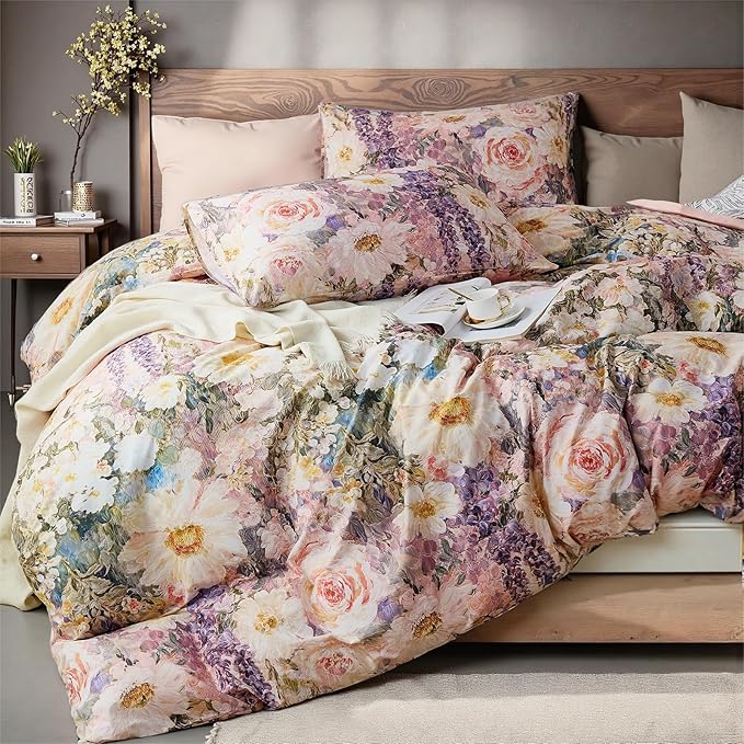 100% Cotton Duvet Cover King Size – Romantic Garden Impressionist Floral Duvet Cover Set with Zipper Closure, 3-Piece Luxury & Soft Bedding Set for All Seasons