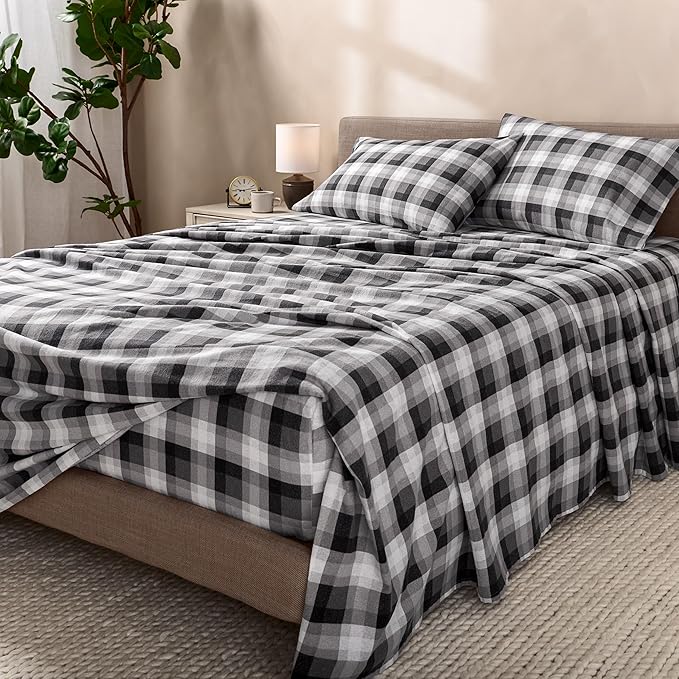 Bare Home Flannel Sheet Set Prints, 100% Cotton, Velvety Soft Heavyweight - Double Brushed for Softness & Comfort - Deep Pocket - Bed Sheets (Cal King, Oliver Plaid - Grey)