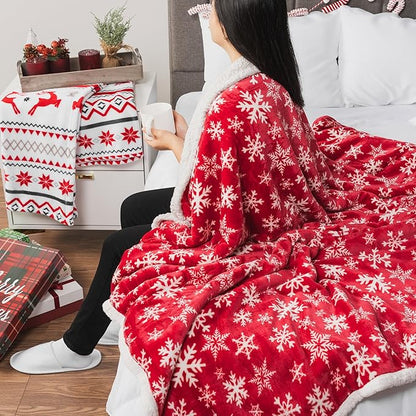 PAVILIA Red Snowflake Christmas Sherpa Throw Blanket, Ultra Soft Reversible Fleece Sherpa 50x60 Winter Blanket for Couch & Bed, Cozy Christmas Home Decor