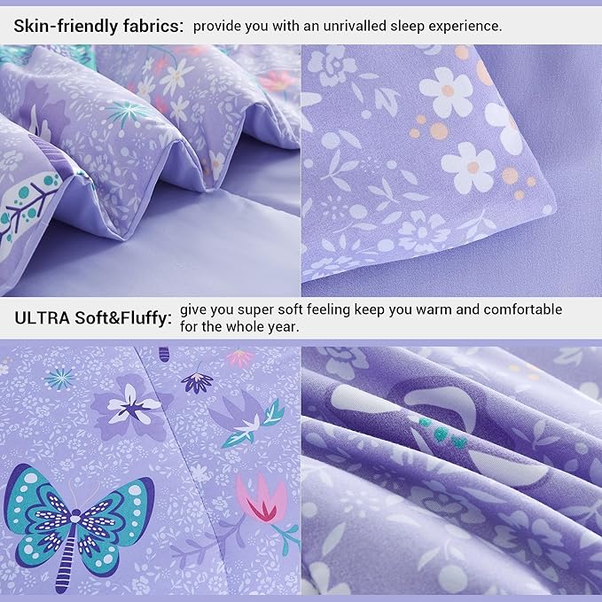 Mooreeke Kids Full Comforter Sets for Girls 8 Pieces Butterfly Purple Bedding Set for Teens Soft Microfiber Kids Bed in A Bag with Comforter, Sheet Set, Shams and Decorative Toy Pillow All Season