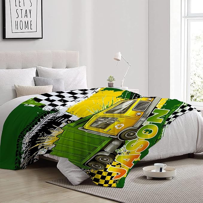 Custom Garbage Truck Blanket, Personalized Truck Gifts for Kids, Car Themed Flannel Blankets with Name, Soft Cozy Lightweight Throws Gifts for Truck Lovers & Boys 40x50 Inch for Kid
