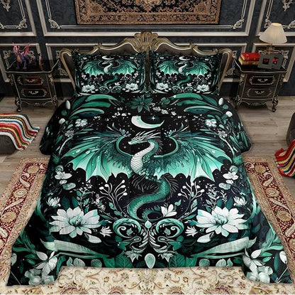 Feelyou Kids Dragon Comforter Set King Size, Green Dragon Bedding Set Dragon Lovers Comforter for Kids Boys Girls Boho Duvet Insert Room Decor 3Pcs