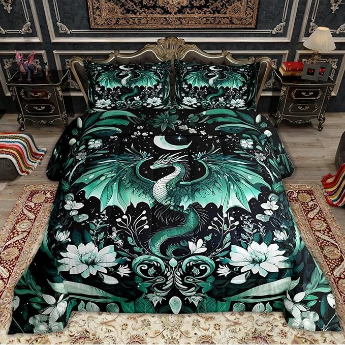 Feelyou Kids Dragon Comforter Set Twin Size, Green Dragon Bedding Set Dragon Lovers Comforter for Kids Boys Girls Boho Duvet Insert Room Decor 2Pcs