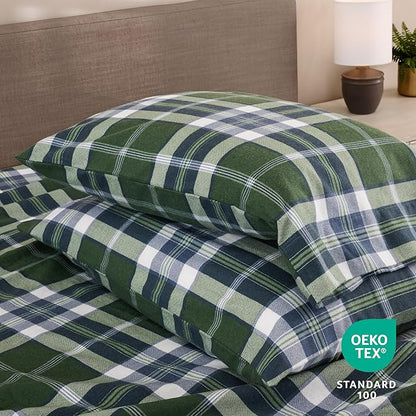 Bare Home Cotton Flannel Sheet Set Prints, 100% Cotton, Velvety Soft Heavyweight - Double Brushed for Softness & Comfort - Deep Pocket - Bed Sheets (King, Enchanted Plaid - Green)