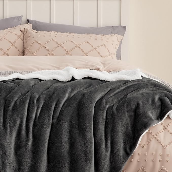 Bedsure GentleSoft Sherpa Fleece Blankets King Size for Bed - Thick and Warm Throw for Women and Men, Soft Fuzzy Plush King Blanket for Winter, Charcoal, 108x90 Inches
