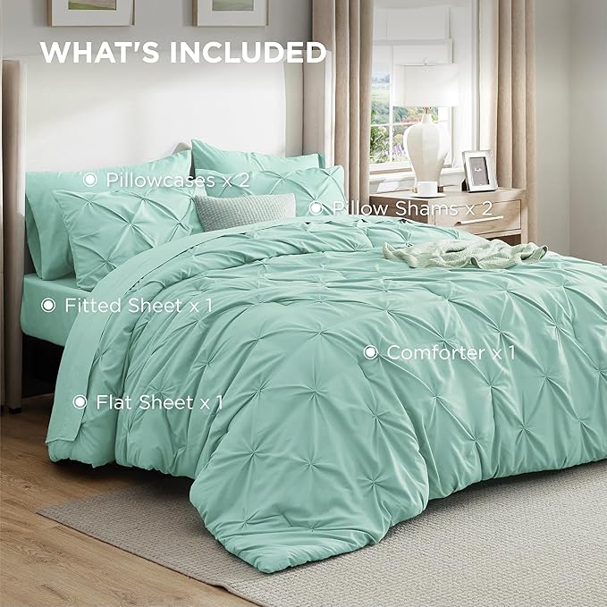 Bedsure Full Comforter Set Mint Green - Bed in a Bag Full Size Bedding Set 7 Pieces, GentleSoft™ Pintuck Bed Set Gift for Family, Pinch Pleat All Season Comforter with Sheets, Pillowcases & Shams