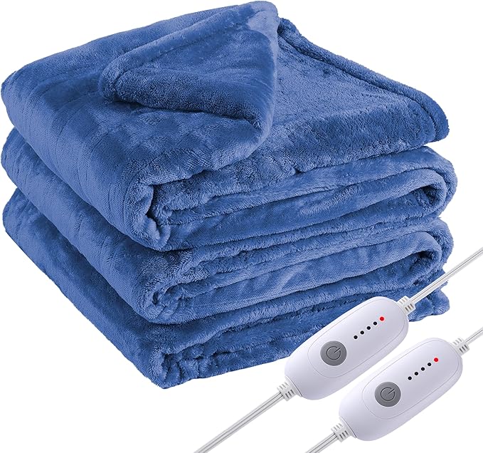 Electric Heated Blanket Queen Size 84"x90", Dual Controllers, Cozy Large Oversized, 5 Heating Levels & 10 Hours Auto Off, Cozy for Bed, Sofa, & Office, Machine Washable, Denim Blue