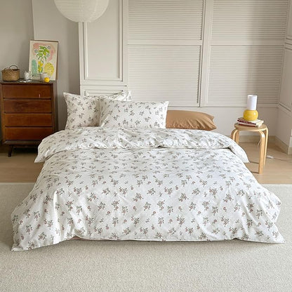 AOJIM Aesthetic Floral Pattern Duvet Cover Set for Kids and Adults, 100% Cotton Skin-Friendly Comforter Cover Set 3pcs, 1 Super Soft Quilt Cover King Size and 2 Matching Pillowcases for Room Decor