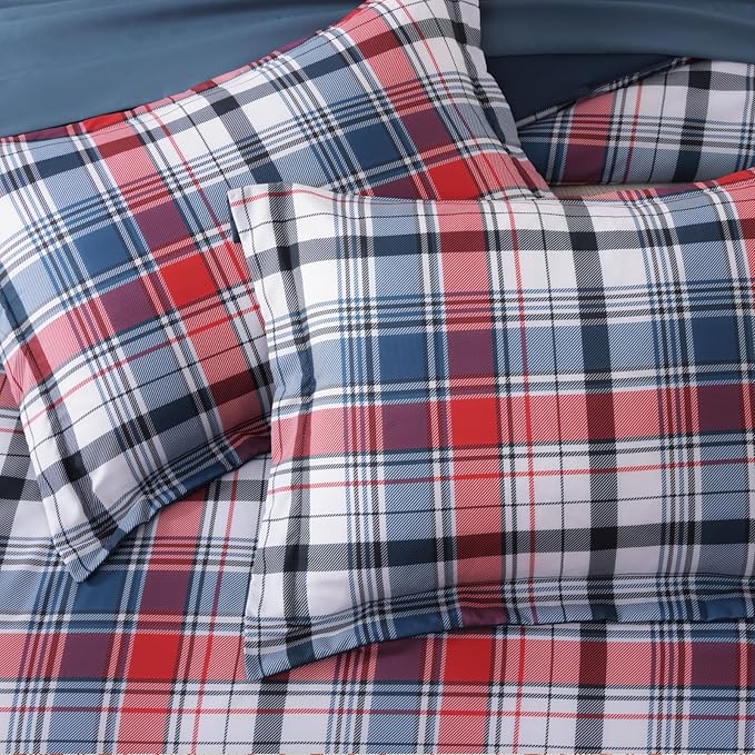 MaiRêve Queen Size Plaid Comforter Set Navy Red, Classic 7 Pieces Farmhouse Bedding Set, All Season Lightweight Bed in A Bag with Sheets, Pillowcases & Shams