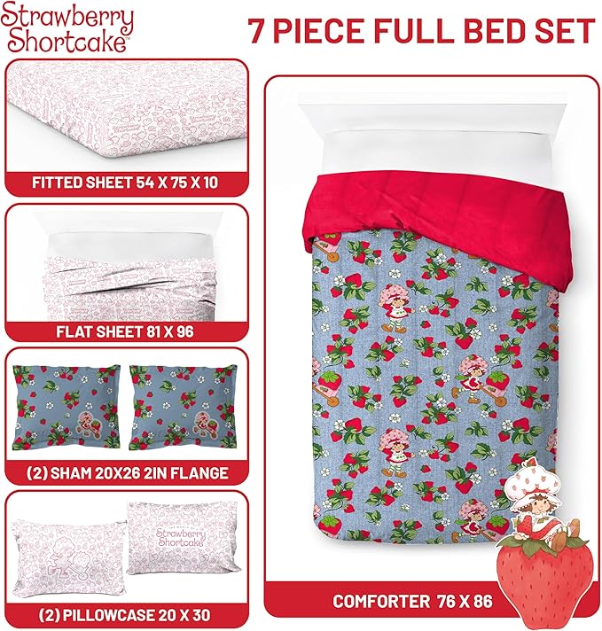 Jay Franco Kids Comforter Set Includes Sheets and Pillow Covers - Soft and Cozy Bed Set for Stylish Room Decor, Blue - Strawberry Shortcake, 7 Piece Full Size Bedding
