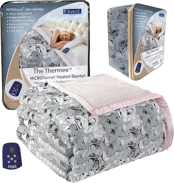 Thermee Micro Flannel Heated Blanket With Sherpa Back - Full Size, 10-Setting Electric, Programmable, Ultra-Soft, Fast Heating Thermal Throw - Cat Medley