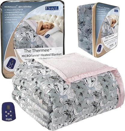 Thermee Micro Flannel Heated Blanket With Sherpa Back - Full Size, 10-Setting Electric, Programmable, Ultra-Soft, Fast Heating Thermal Throw - Cat Medley