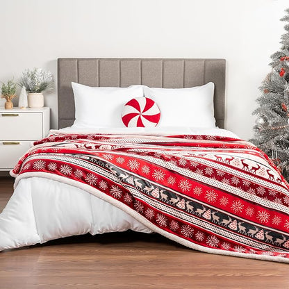 PAVILIA Christmas Sherpa Throw Blanket, Red & White Snowflake, Reindeer, Reversible Fleece & Sherpa Cozy Winter Blanket for Couch & Bed, 50x60, Christmas & Holiday Decor