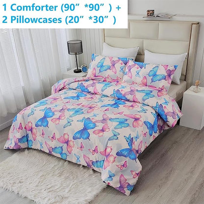 SDIII 3PCS Colorful Butterfly Comforter Set Queen, Soft Microfiber Lightweight Queen Butterfly Comforter, Butterflies Bedding for Girls Boys Kids Teens