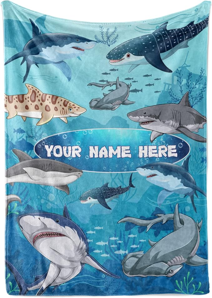 Personalized Shark Blanket for Kids - Ships Next Day and Made in USA - Soft Fleece Throw Bed, Cute Room Decor, Plush Sofa Couch Cover, Lightweight Baby Shark Toys, Custom Gift (Fleece – 30x40)