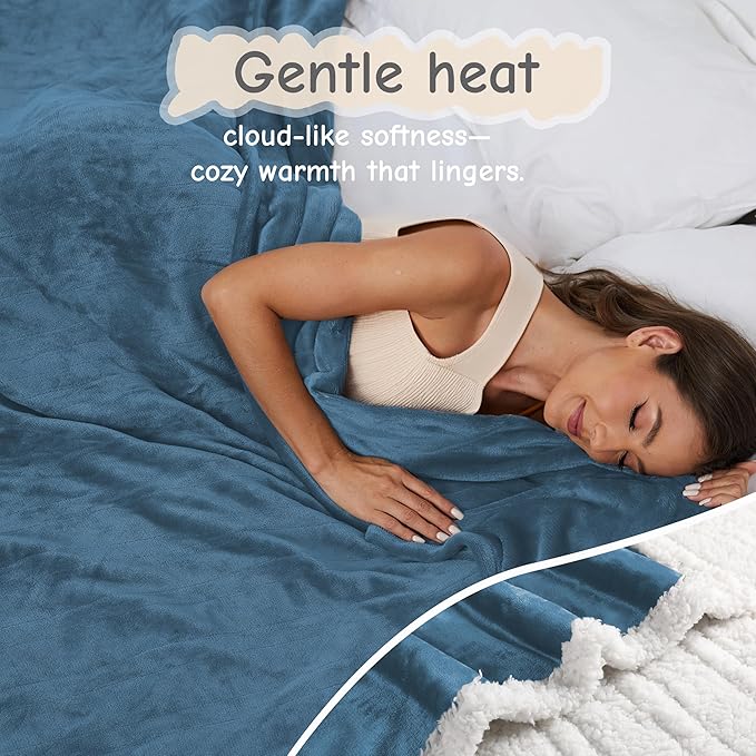 Electric Heated Blanket Queen Size 84"x90", Soft Flannel with Dual Controllers & Overheat Protection, 6 Adjustable Heat Settings & 10-Hour Auto-Off Timer, Fast Heating for Winter Comfort, Blue