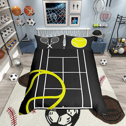 Tennis Court Print Bedding Set Queen Size, Ball Sports Games Themed Duvet Cover Set for Children Bedroom Decor, Yellow Tennis Racket Sporting Equipment Microfiber Comforter Cover with 2 Pillowcases