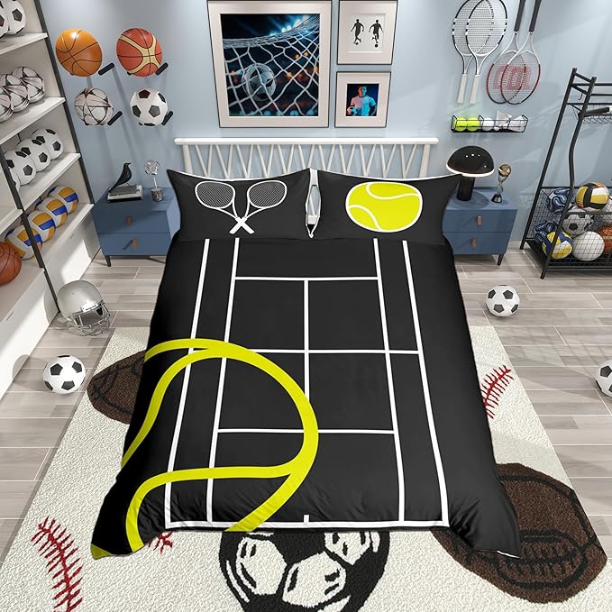 Tennis Court Print Duvet Cover Set King Size,Boys Ball Sports Games Themed Comforter Cover with 2 Pillowcases,Yellow Tennis Racket Sporting Equipment Modern Bedding Set for Adult Couple Room Decor