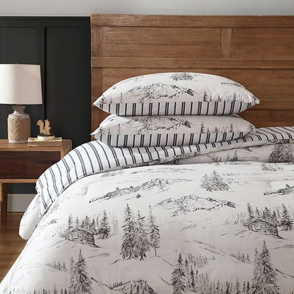 Eddie Bauer - Twin Comforter Set, Reversible Bedding with Matching Sham, Oeko-Tex Certified, Dorm Essentials (Rocky Mountain Cabin Grey)