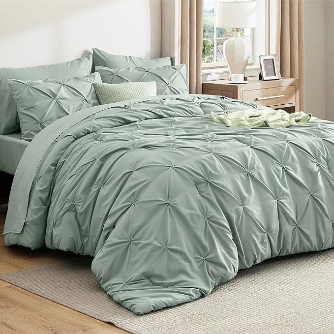 Bedsure Oversized King Comforter Set Sage Green - Bed in a Bag Bedding Set 7 Pieces, GentleSoft™ Pintuck Bed Set Gift for Family, Pinch Pleat Sage Green Comforter with Sheets, Pillowcases & Shams