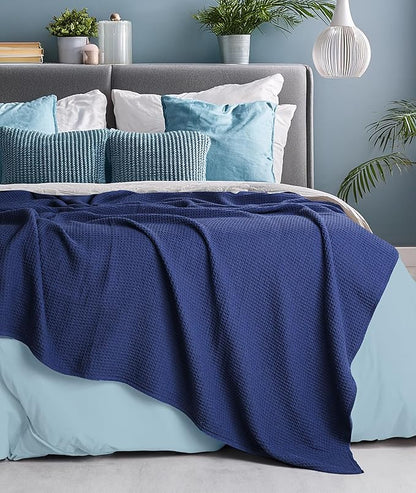 Tex Trend 100% Cotton Blanket – Soft and Breathable Twin XL Navy Blue Waffle Blanket – for Christmas & All Season Comfort – Suitable for Bed Layering, Sofa, Couch (60”x90”)