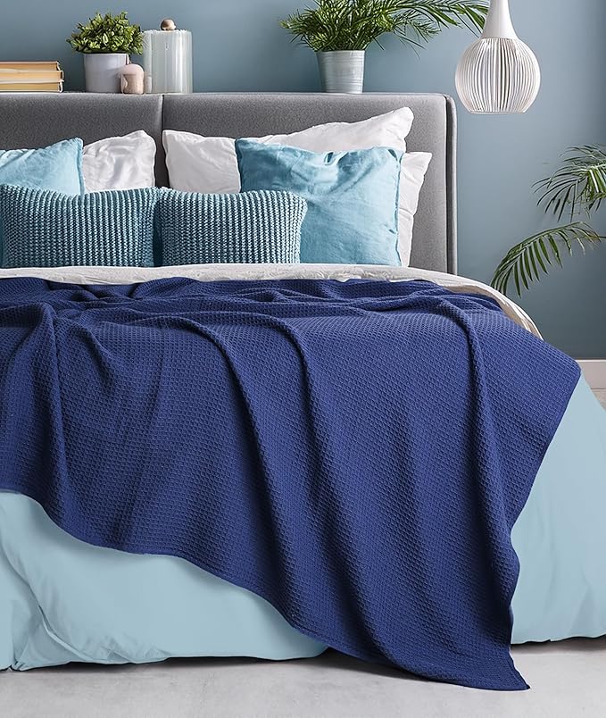 Tex Trend Waffle Blanket – 100% Cotton Blankets Queen Size – Breathable and Soft for Christmas – Suitable for Bed Layering, Sofa & Couch - Navy Blue (90”x90”)