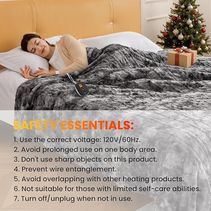 WOOMER Heated Blanket Twin Size 62" x 84", Electric Blanket with 0.5-12 Hours Timer & 10 Heating Levels, ETL Certified, Marble Gray Double-Sided Faux Fur, Over-Heat Protect, Machine Washable