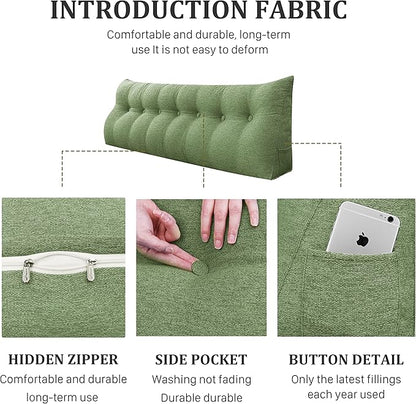 Wedge Headboard Pillow Dorm Room Reading Pillow Back Support for Sitting Up in Bed Bolster Lumbar Cushion Body Positioning Bedrest Cotton Linen 76in Grass Green King