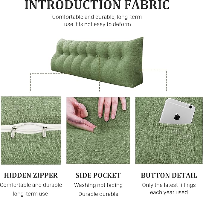 Wedge Headboard Pillow Dorm Room Reading Pillow Back Support for Sitting Up in Bed Bolster Lumbar Cushion Body Positioning Bedrest Cotton Linen 76in Grass Green King
