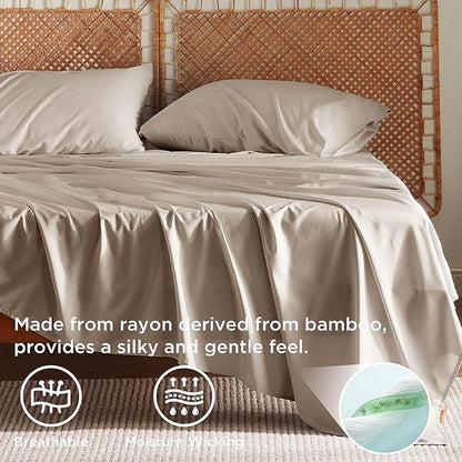 Bedsure Queen Sheet Set, Rayon Derived from Bamboo, Cooling Sheets, Breathable & Soft, Deep Pocket Up to 16 Inches, Hotel Luxury Silky Bedding for Hot Sleepers, Simply Taupe