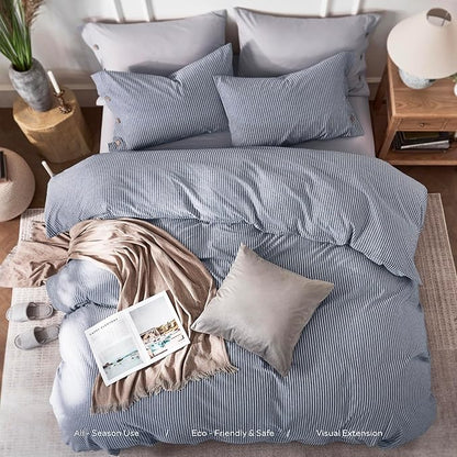 JELLYMONI Cotton Duvet Cover King Size - Blue Vertical Pinstriped Comforter Cover with Button 100% Washed Cotton 3PCS Breathable Soft Solid Bedding Set Duvet Cover 104×90in & 2 Pillowcases