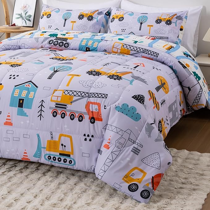 NTBED 5 Pieces Construction Cars Comforter Set Twin for Boys Kids Bed in a Bag Vehicles Transportation Lightweight Microfiber Bedding Sets,Light Grey