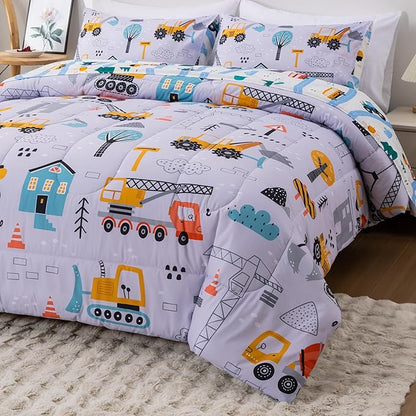 NTBED 5 Pieces Construction Cars Comforter Set Twin for Boys Kids Bed in a Bag Vehicles Transportation Lightweight Microfiber Bedding Sets,Light Grey