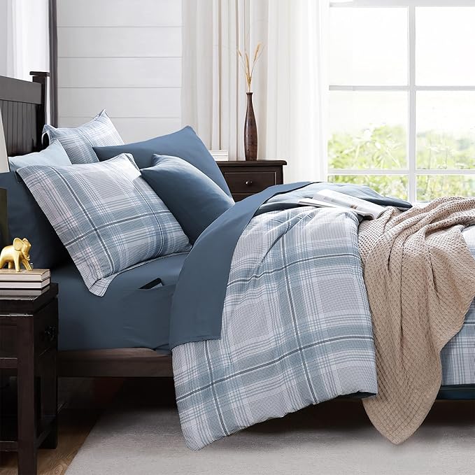MaiRêve Plaid Full Comforter Sets, Light Blue Grid Farmhouse Bedding Set Bed in A Bag, Classic Checkered Comforter Sets with Fitted & Flat Sheet, Pillowcases & Shams(Light Blue, 80"x90")