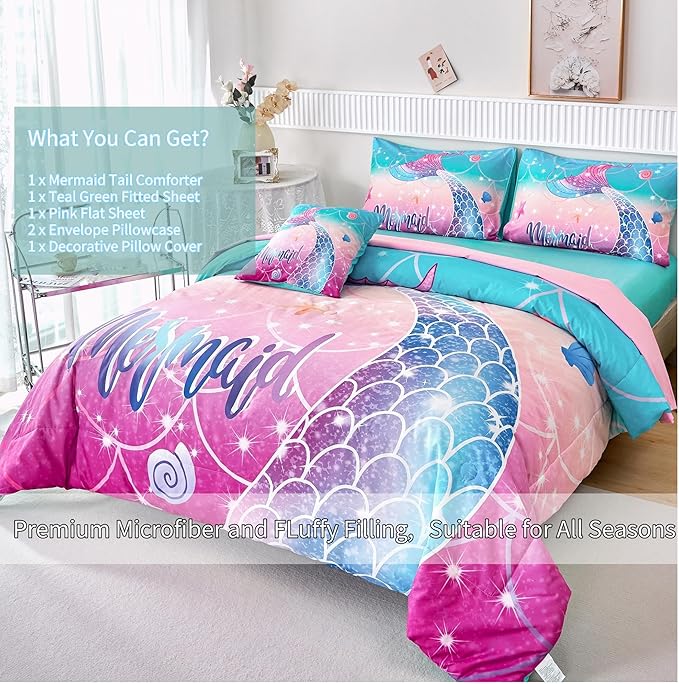 RYNGHIPY Kids Girls Comforter Set 6Pcs, Mermaid Bed in a Bag Queen Size, Fish Tail Print Teens Girls Bedding Set, Rainbow Bedding Collections