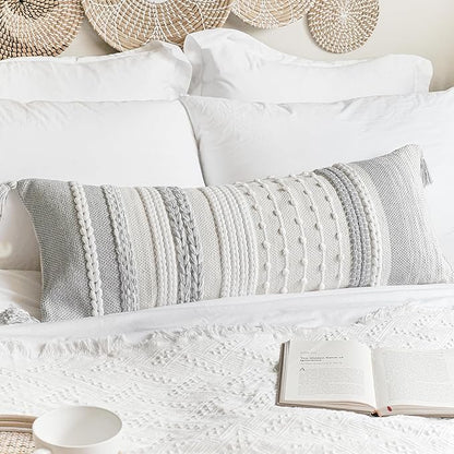 BlissBlush Gray Decorative Lumbar Pillow Cover 14x36, Grey Boho Long Body Pillow for Bed, Farmhouse Lumbar Throw Pillow for Couch, Modern Accent Textured Throw Pillowcase