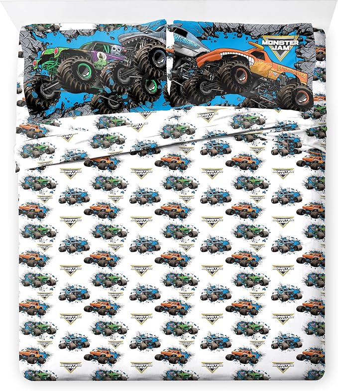 Jay Franco Kids Comforter Set Includes Sheets and Pillow Covers - Soft and Cozy Bed Set for Stylish Room Decor, Gray - Monster Jam 01, 7 Piece Queen Size Bedding