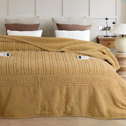 Heated Blanket Electric Blanket King - Fast Heating Blanket Throw Dual Control Double Sided Sherpa with 10 Heating Levels & 2-10 Hours Auto Off, Mashine Washable, 90 x 100 Inches, Camel