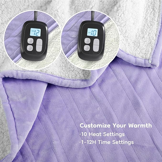 Electric Heated Blanket Queen Size - 84"x90", Soft Flannel Heating Blanket, 10 Heating Levels, 1-12 H Auto Shut Off, Dual Controllers, Breathable Warm and Washable for Bed, Light Purple