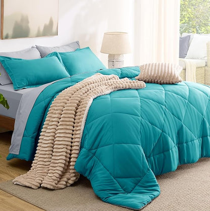 Bedsure Twin Comforter Set - 5 Pieces Reversible Teal Bedding, Twin Size Bed Set for All Seasons, Bed in a Bag with Down Alternative Comforter, Sheets, Pillowcase & Sham
