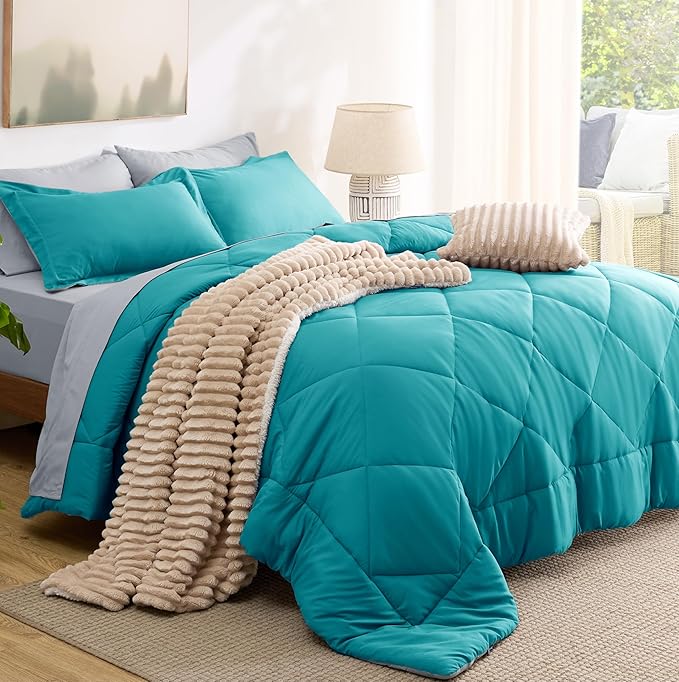 Bedsure King Size Comforter Set - 7 Pieces Reversible Teal Bedding, King Size Bed Set for All Seasons, Bed in a Bag with Down Alternative Comforter, Sheets, Pillowcases & Shams