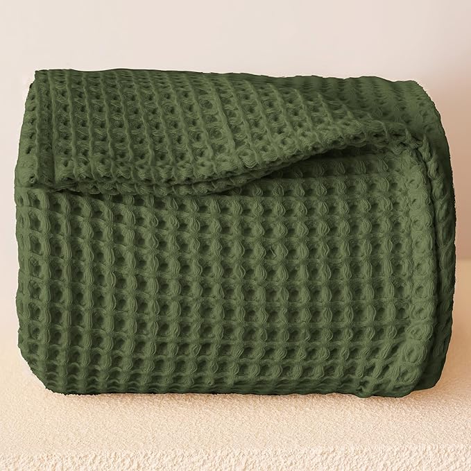 Premium Waffle Blanket California King Size Green - 100% Turkish Cotton, Light and Airy Waffle Weave All-Season Quilt - Luxury Decorative Bedspread (Dark Green, 95" x 126" Inch)