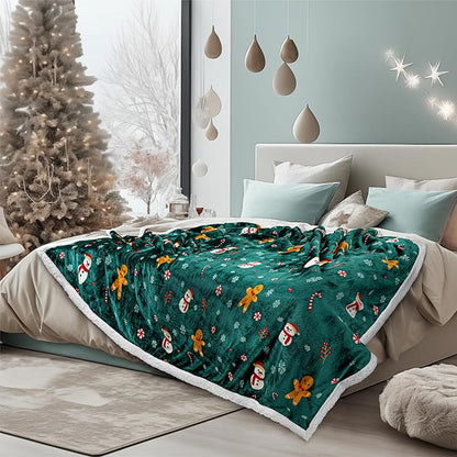 PAVILIA Green Christmas Sherpa Throw Blanket, Gingerbread Snowman Holiday Pattern, Soft Reversible Fleece & Sherpa 60x80 Winter Blanket for Couch & Bed, Cozy Christmas Decor